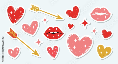 Cute Valentines Vector Illustration with Hearts Lips and Arrows in Red Gold and Pink Color Palette in Hand Drawn Style