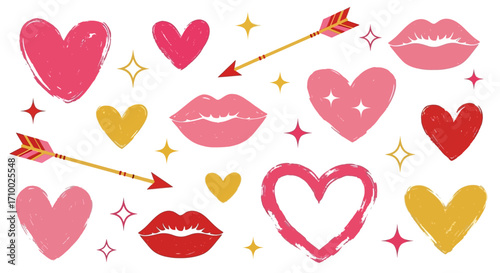 Romantic Vector Pattern with Heart Lips Arrow Elements in Pink Red and Gold Abstract Style