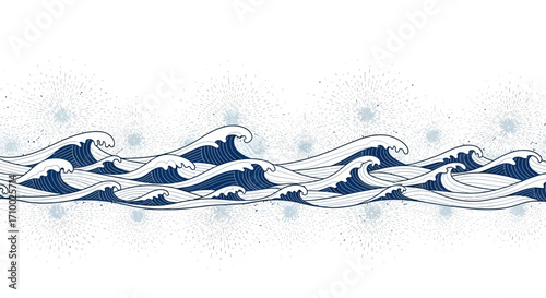 Seamless Vector Pattern with Ocean Waves and Starburst Elements in Elegant Navy and White for Marine Design
