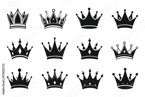 Royal crown silhouette vector set, king and queen luxury crowns icon collection for design and decoration.