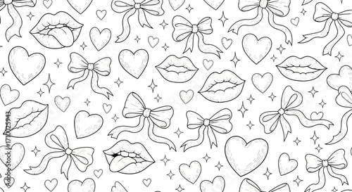 Decorative Vector Pattern with Lips Bows Hearts and Sparkle Elements in Outline Style
