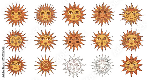 Sun Face Vector Illustration Set with Orange Rays Hand Drawn Celestial Design and Vintage Style