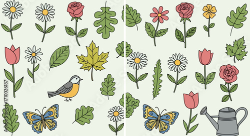 Floral Vector Pattern with Daisy Rose Tulip Leaf Butterfly Bird and Watering Can Design in Pastel Colors