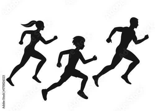 People running silhouette vector illustration athlete man woman child jogging sport exercise design.