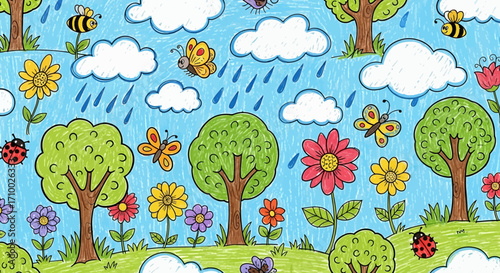 Seamless Vector Pattern with Trees Flowers Butterflies and Raindrops in a Childlike Doodle Style