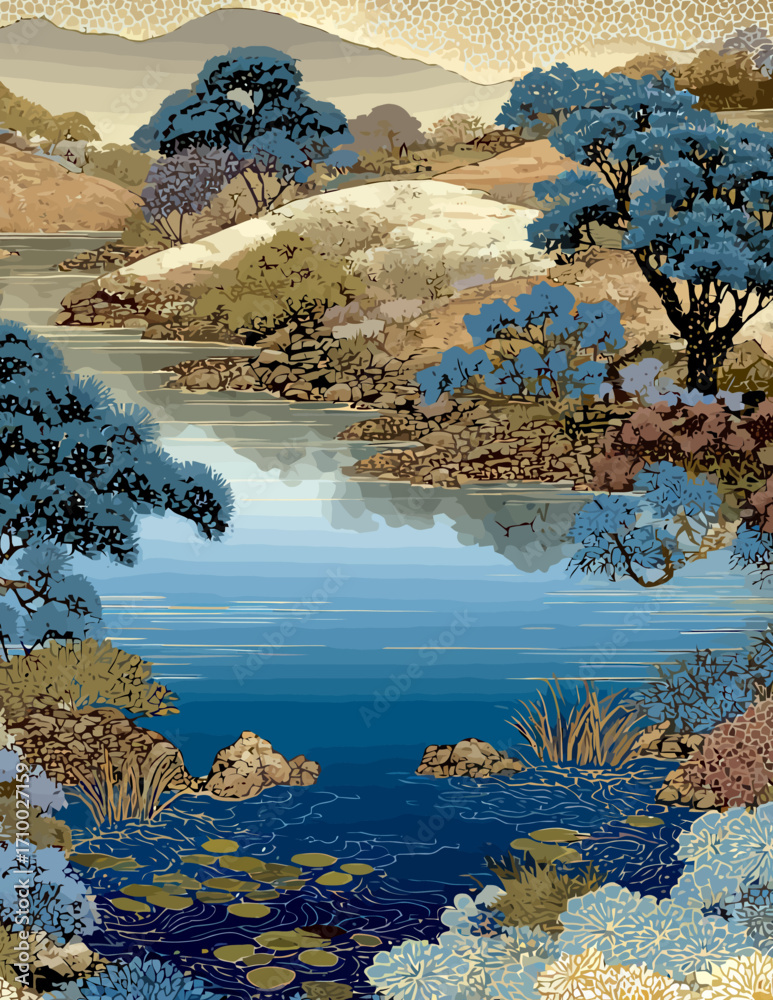 Paisagem Serena: Ilustração Vetorial Estilizada
