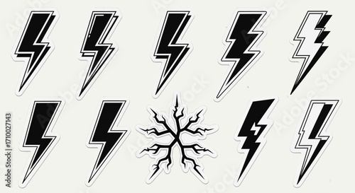 Icon Set Vector featuring Lightning Bolts and Snowflake in Simple Geometric Style Black White Design