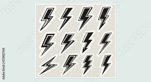 Lightning Bolt Icon Set Vector with Modern Style and Bold Black Outline Thunder Electricity Illustration