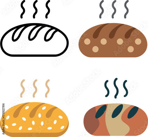 Freshly baked bread assortment hot steam icons vector