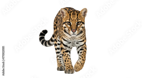 Photos Isolated ocelot walking towards camera on plain backdrop, spotted coat and strip