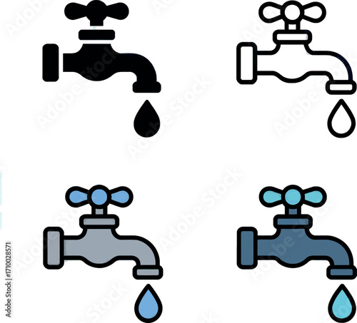 Water faucet icons dripping water plumbing symbols collection vector