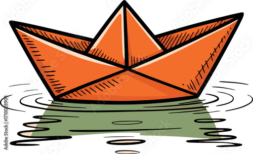 Origami paper boat floating on water ripples artistic drawing vector