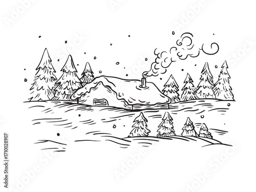 Winter landscape line art illustration. Contour drawing. Christmas invitation, poster or card design.