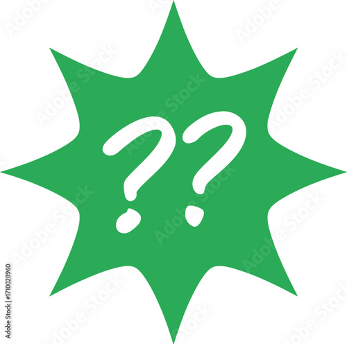 Green burst with question marks symbolizing confusion and uncertainty vector