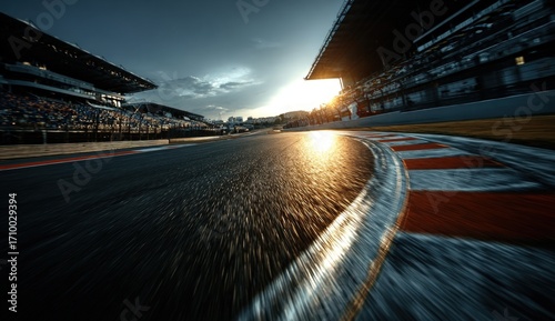 Race track scene with blurred motion, spectators, and golden hour sunlight