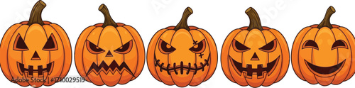 Five carved pumpkins with various spooky and happy Halloween expressions