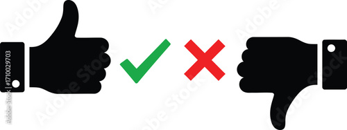 Thumbs up thumbs down checkmark and x symbols displayed on a white background