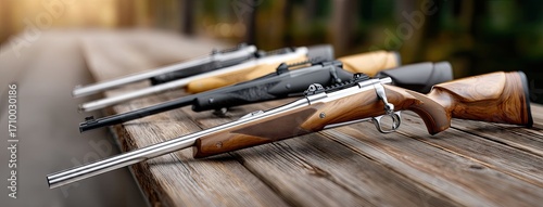 Collection of hunting rifles displayed on a wooden table in a natural setting during daylight hours