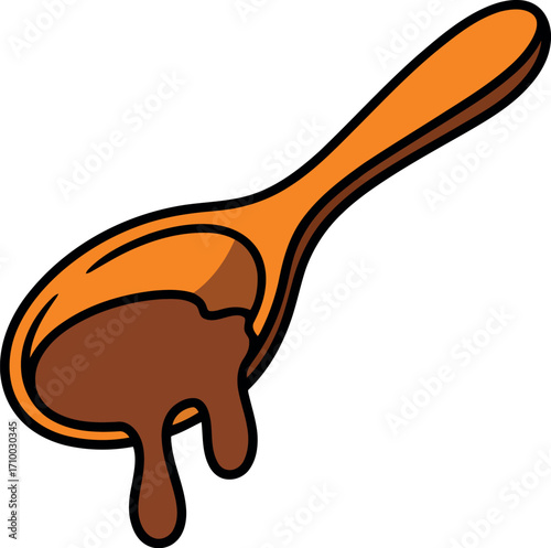 Delicious chocolate sauce dripping from wooden spoon sweet dessert ingredient vector