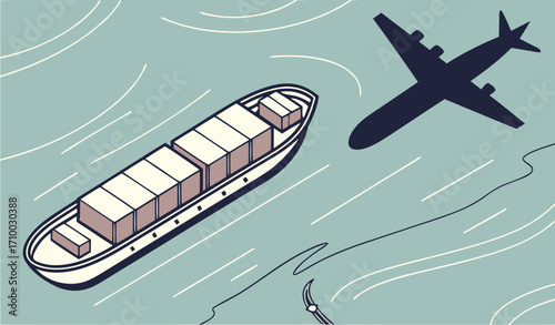 Aerial View of Cargo Ship with Airplane Shadow