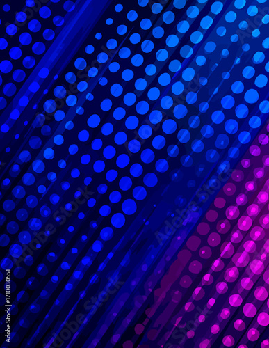 Abstração geométrica com pontos e linhas diagonais em tons de azul e magenta