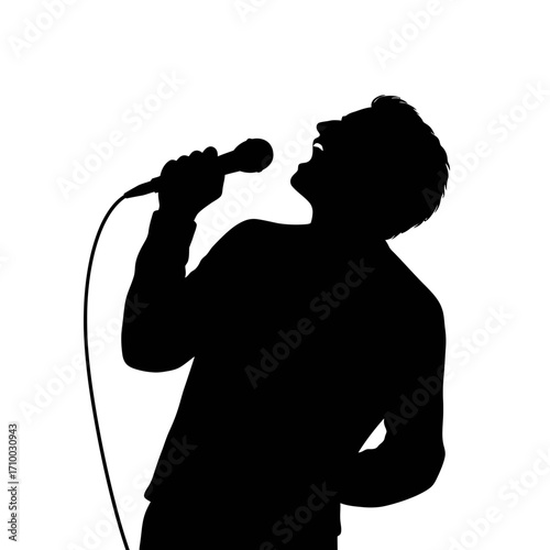 Silhouette of a male singer passionately performing into a microphone on a white background
