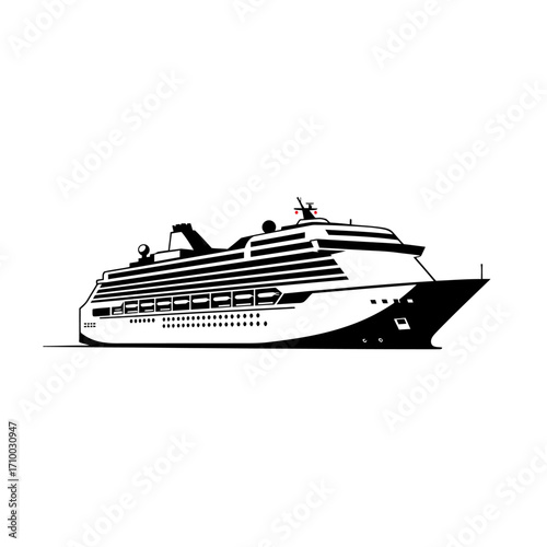 Modern cruise ship sailing on the ocean with multiple decks and cabins for passengers