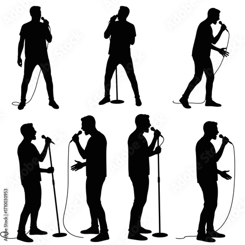 Collection of diverse male singer silhouettes performing with microphones on stage in various dynamic poses