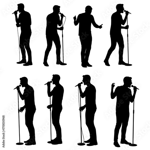 Collection of eight dynamic black silhouettes of male singers performing on stage with microphones