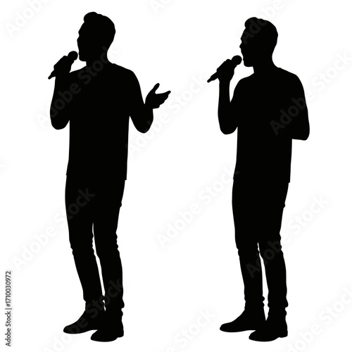 Two silhouetted male figures holding microphones and speaking on a white background with one gesturing