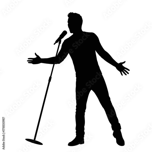 Silhouette of a male singer performing passionately on stage with a microphone and open arms