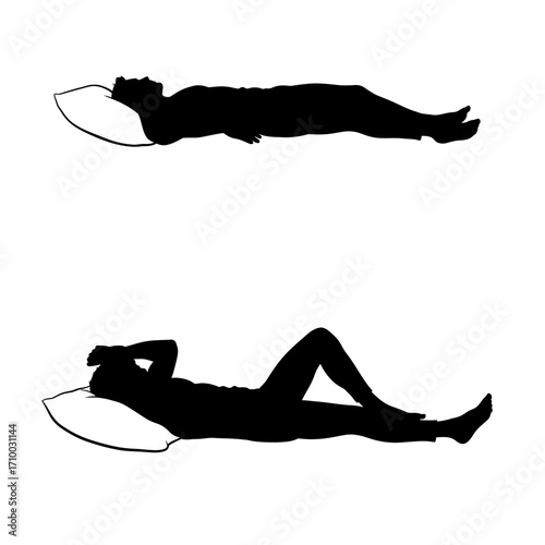 Silhouette of a person sleeping peacefully on their back and then resting on their side with a pillow