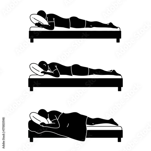 Three silhouette illustrations of a person sleeping in different positions on a bed with a pillow