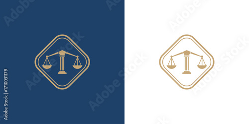 Scales of Justice Logo in Diamond Frame on Blue and White Backgrounds.