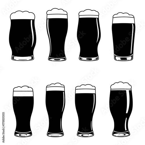 Collection of eight dark beer glasses filled with frothy stout or porter on a white background