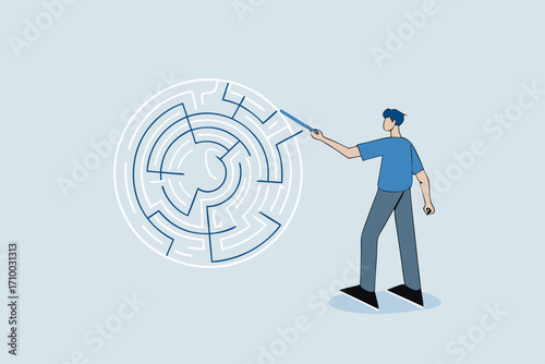 Solution solving business problem, businessman draws line to show solution to a maze problem