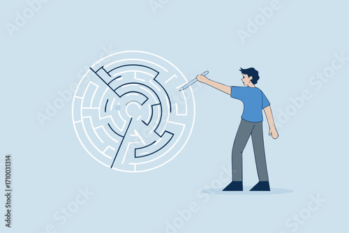 Solution solving business problem, businessman draws line to show solution to a maze problem