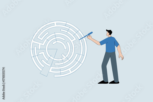 Solution solving business problem, businessman draws line to show solution to a maze problem