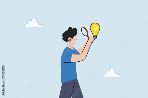 Perfectionist, a perfectionist businessman with magnifying glass looking at every detail of light bulb idea