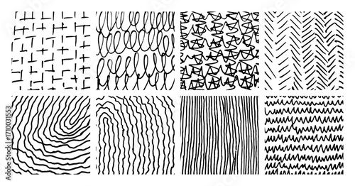 Set of monochrome hand-drawn crosshatch textures