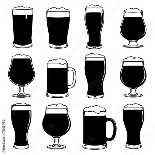 Collection of various dark beer glasses filled with frothy beverage isolated on white background