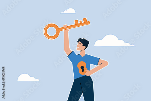 Unlock true potential, businessman with a golden key opening keyhole in his shirt