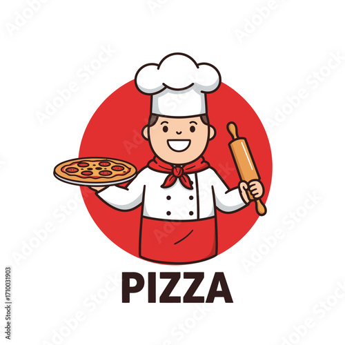 Happy cartoon chef holding a delicious pizza and a rolling pin ready to cook