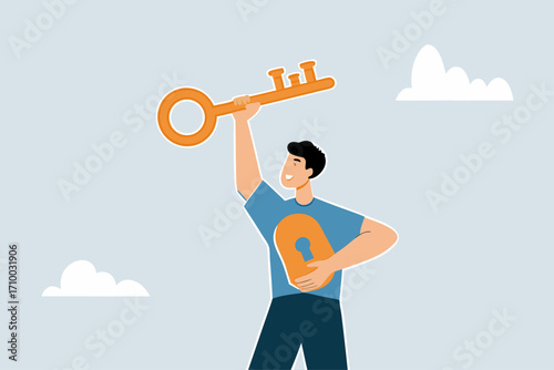 Unlock true potential, businessman with a golden key opening keyhole in his shirt