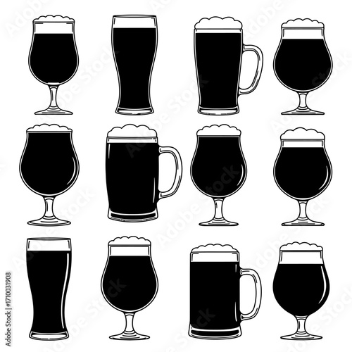 Collection of twelve different beer glasses filled with dark beer and frothy foam isolated on white background