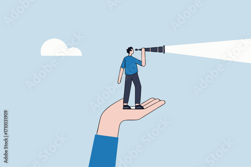 Vision to see opportunity, businessmen stand with supporting hand looking through telescope.
