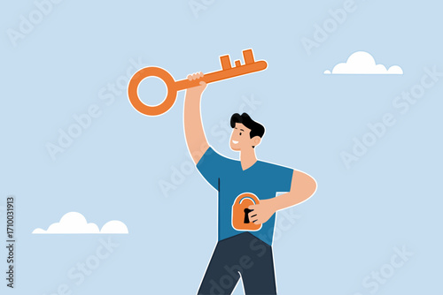 Unlock true potential, businessman with a golden key opening keyhole in his shirt