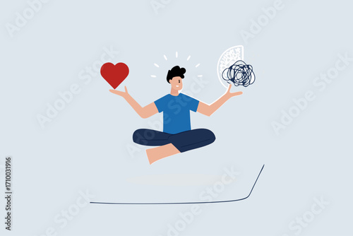 businessman meditating while hovering balancing messy chaos and passionate heart shape