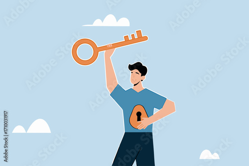 Unlock true potential, businessman with a golden key opening keyhole in his shirt