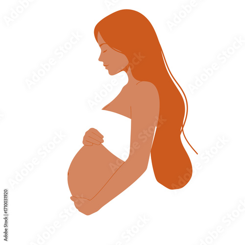 Stylized illustration of a pregnant woman with long flowing red hair in profile view embracing her belly